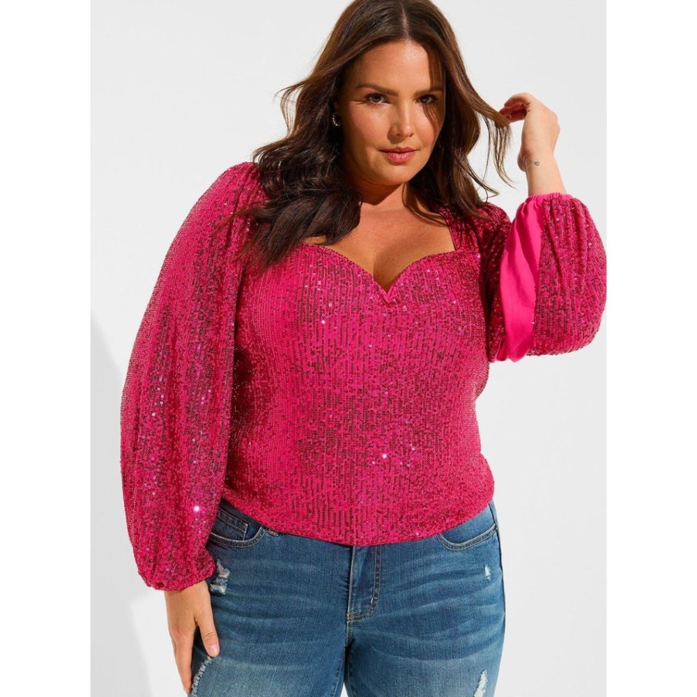 Torrid NWT Sequin Deep V-Neck Long Sleeve Blouse Pink Peacock | Size 3X